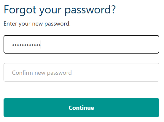 ACNC Charity Portal forgot password screen. Password hidden dots appear in the first field. The second field reads 'Confirm new password'. Below is a button that reads 'Continue'.