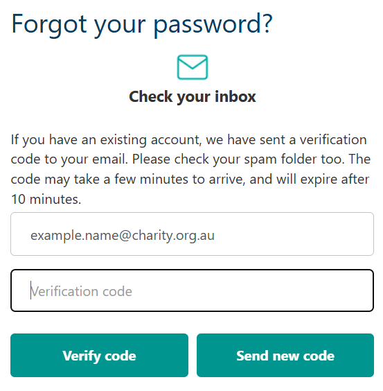 ACNC Charity Portal forgot password screen. An example email address has been entered. Field below reads 'Verification code'. Below are two buttons: 'Verify code' and 'Send new code'.