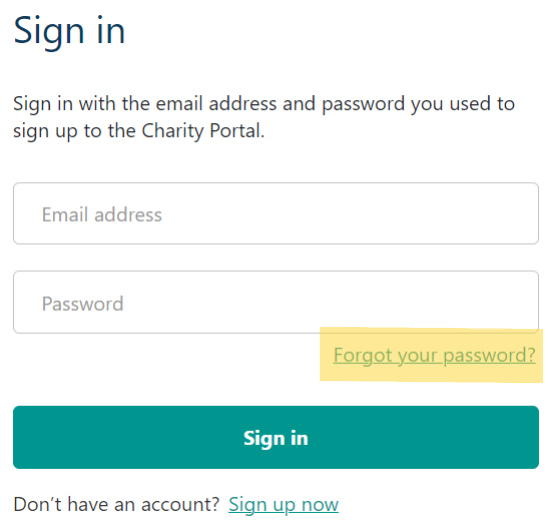 ACNC Charity Portal sign in screen. The text 'Forgot your password?' is highlighted.