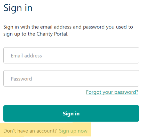 ACNC Charity Portal sign in screen. The text 'Don't have an account? Sign up now' is highlighted.