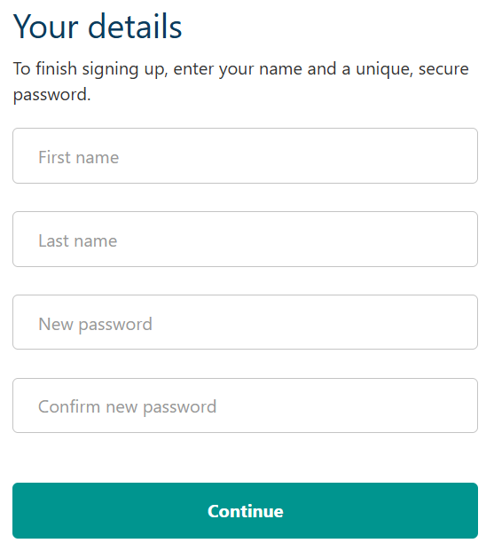 ACNC Charity Portal sign up screen. Heading reads 'Your details'. Fields below are: 'First name', 'Last name', 'New password' and 'Confirm new password'. Below is a 'Continue' button.