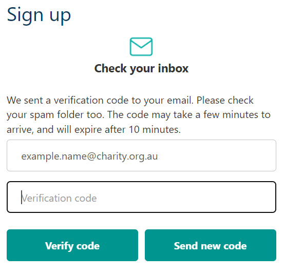 ACNC Charity Portal sign up screen. An example email address has been entered. Field below reads 'Verification code'. Below are two buttons: 'Verify code' and 'Send new code'.