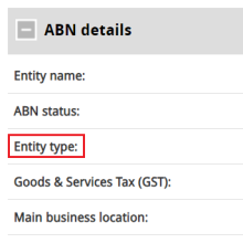 Image of the ABR's ABN Lookup. It shows the information listed under ABN details, with 'Entity type' highlighted with a red rectangle.